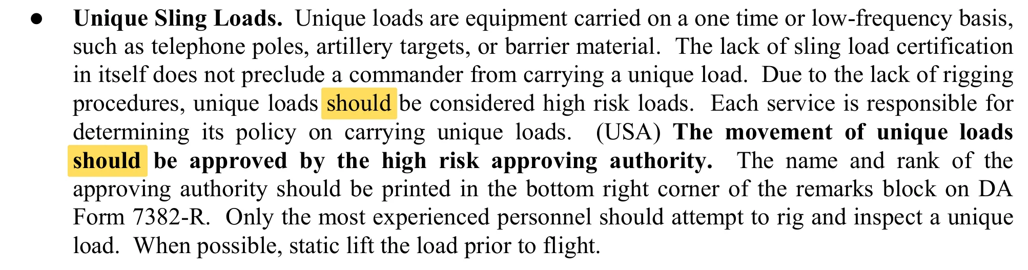 TM 4-48.09, Chapter 1, para 1-2, the Unique Sling Loads paragraph as printed, with both uses of 'should' marked