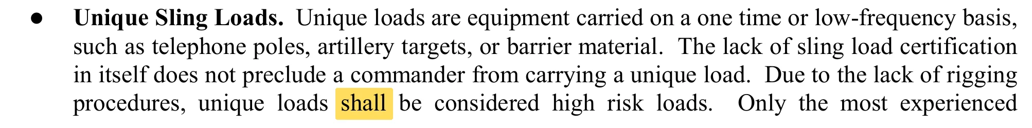 TM 4-48.11, Chapter 1, para 1-2, start of the Unique Sling Loads paragraph on page 1-1, with 'shall' marked