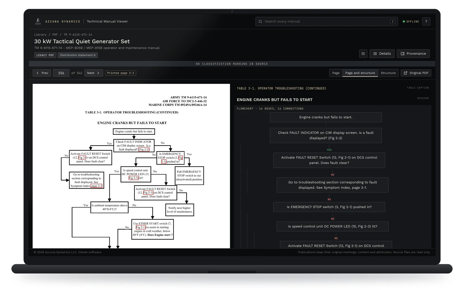 The TRACE prototype on a laptop, showing an unchanged technical manual page beside the troubleshooting flowchart extracted from it
