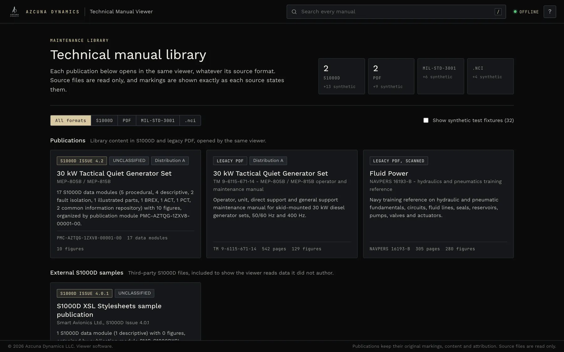 TRACE library home listing S1000D and PDF publications with format filters
