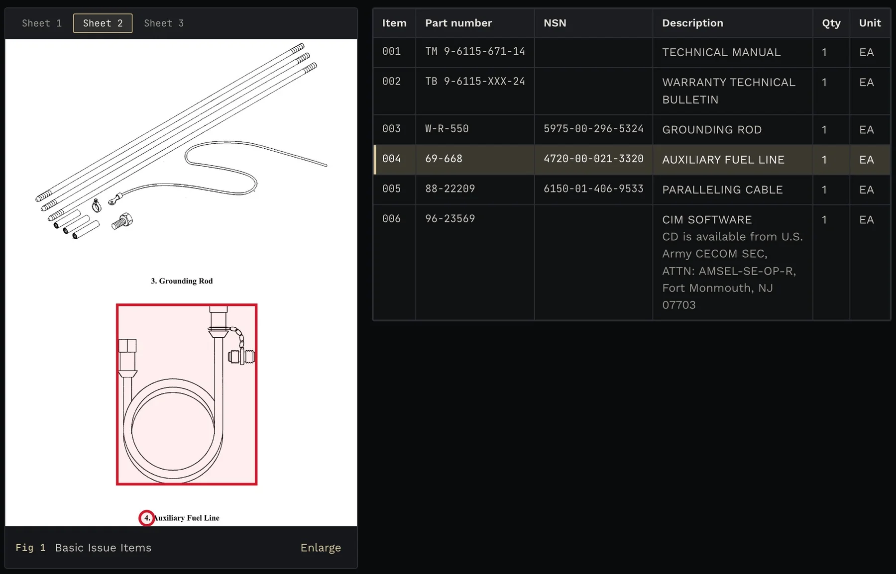 Illustrated parts data with a selected row and its highlighted callout