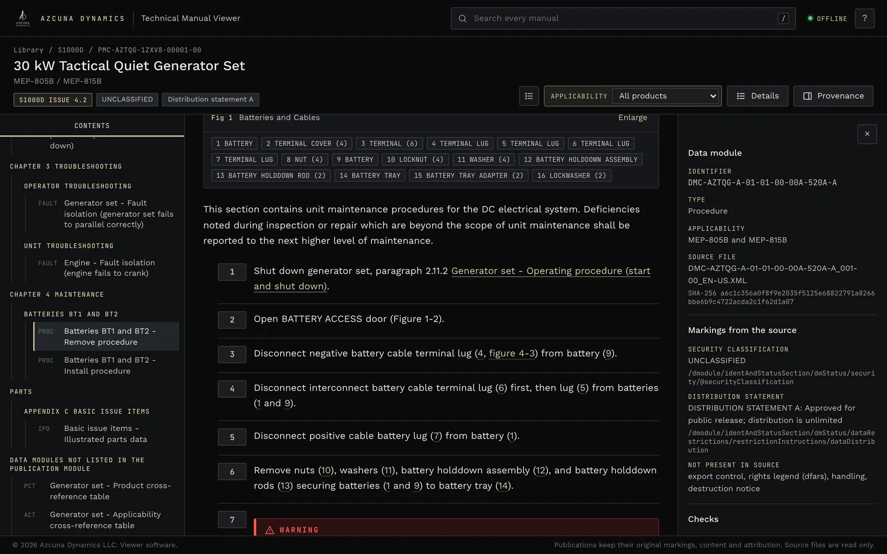 Procedure steps beside the provenance panel listing identifier, source file hash and markings with their XPaths