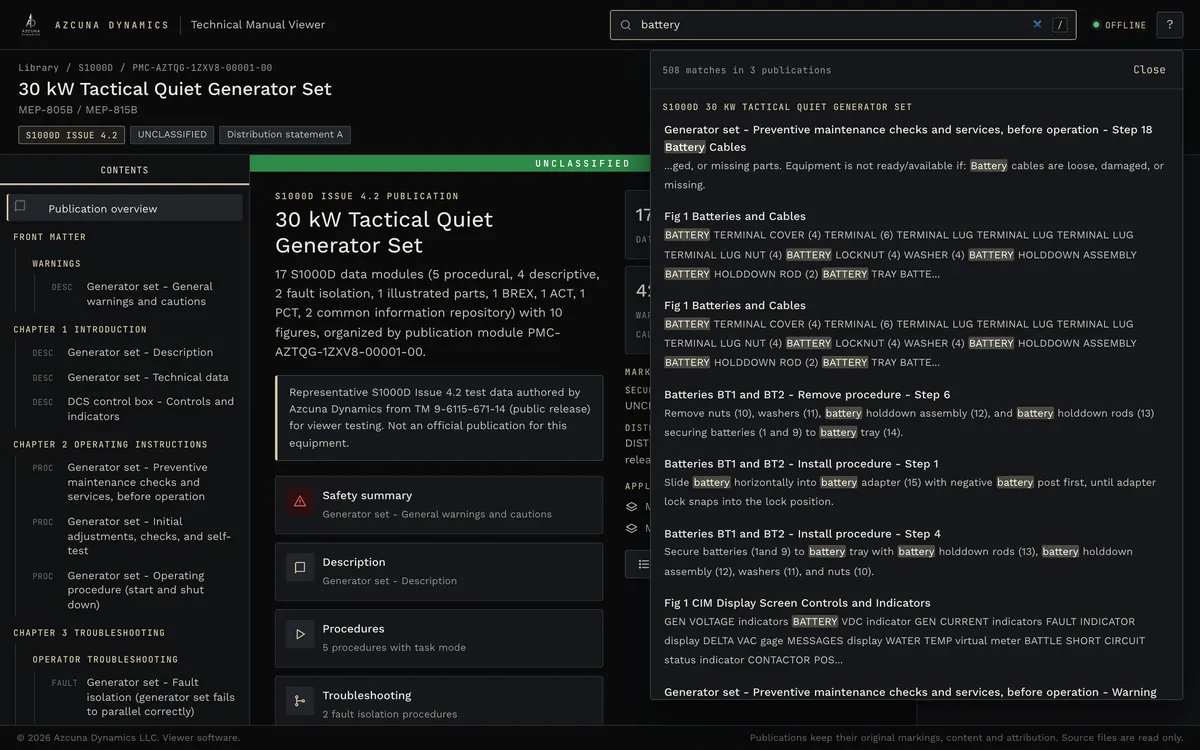 Search panel listing matches for battery across S1000D and PDF publications