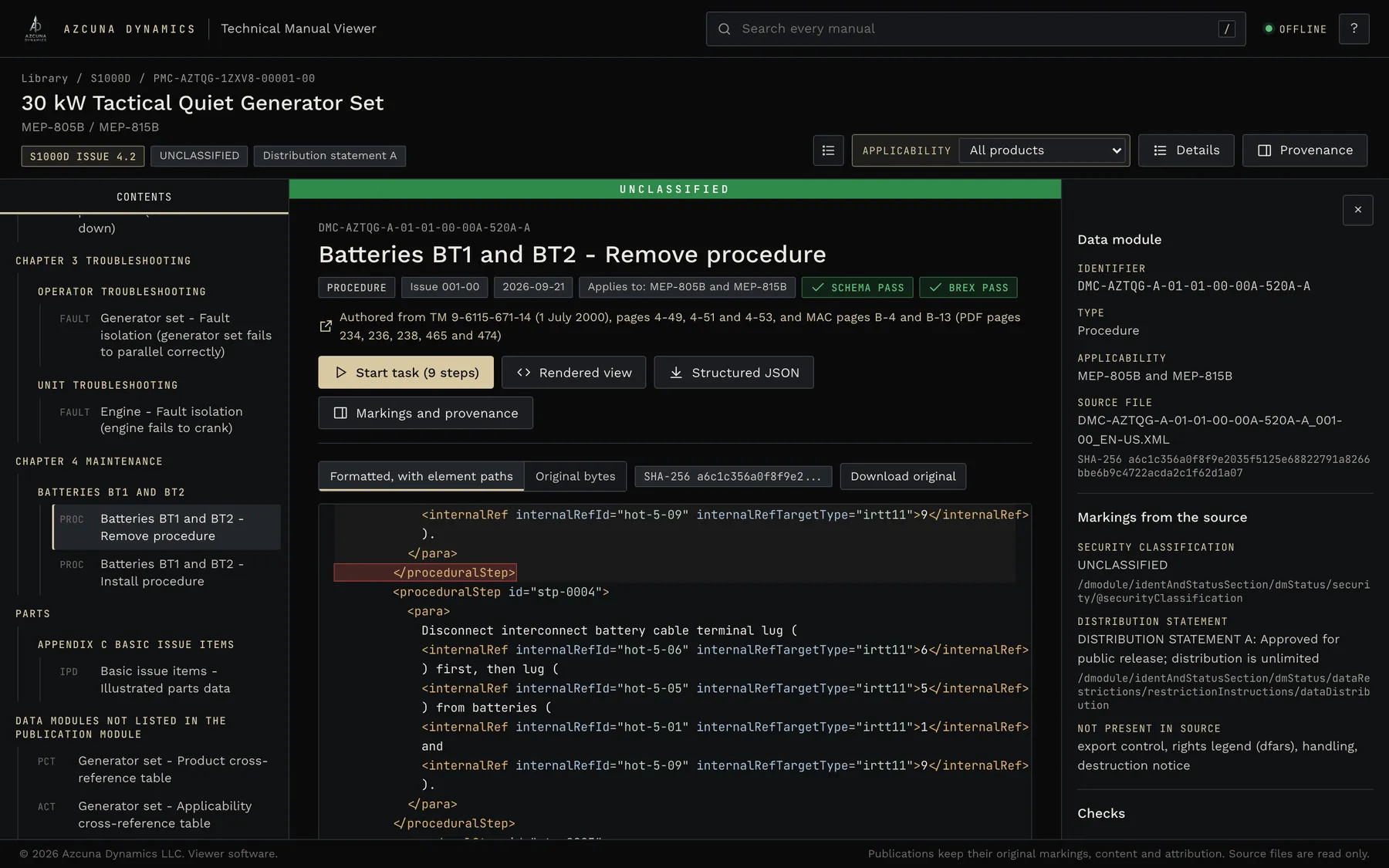 Source XML view with the third procedural step highlighted and its hash shown