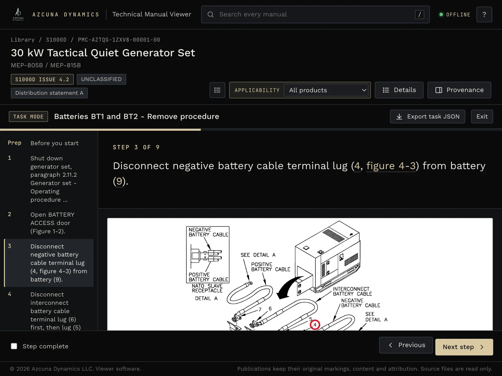 Task mode on a tablet showing step 3 of the battery removal procedure beside the illustration with callouts 4 and 9 highlighted
