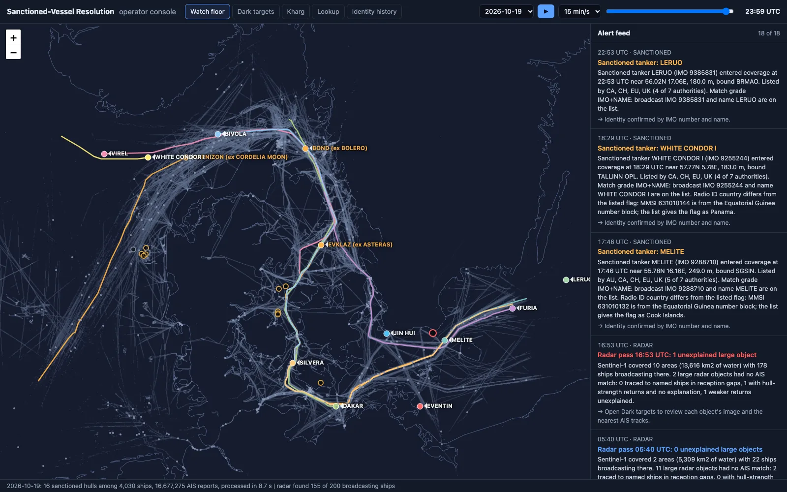 Watch floor map of the Danish straits with sanctioned tanker tracks and the alert feed