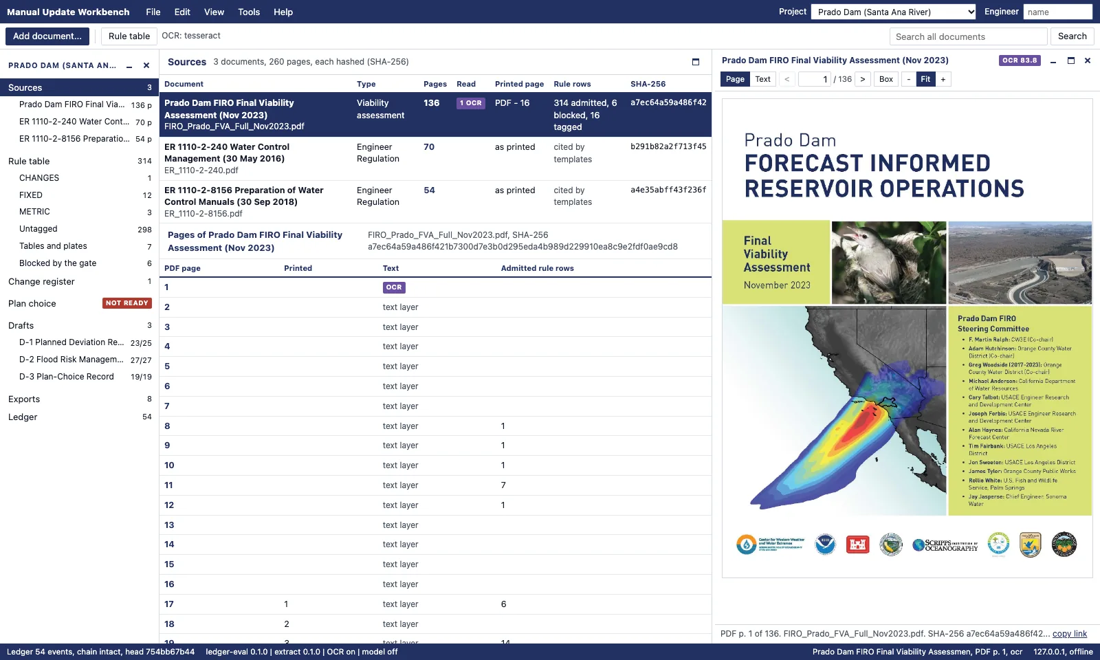 Manual Update Workbench sources view listing the Prado Dam FIRO viability assessment and two Engineer Regulations with page counts